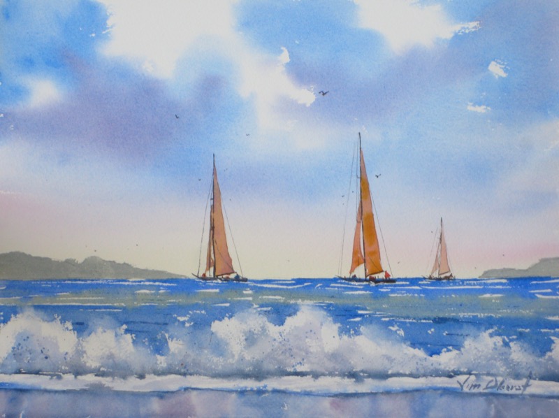 seascape, ocean, sea, surf, boat, sailboat, original watercolor painting, oberst